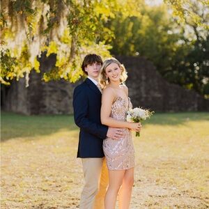 Elegant Strapless Gold and Tan Dress